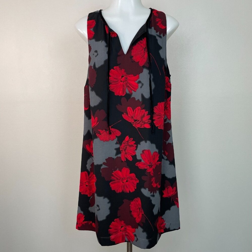 Kensie Shift Dress Medium Black Red Floral Tie-Neck Sleeveless Women's
